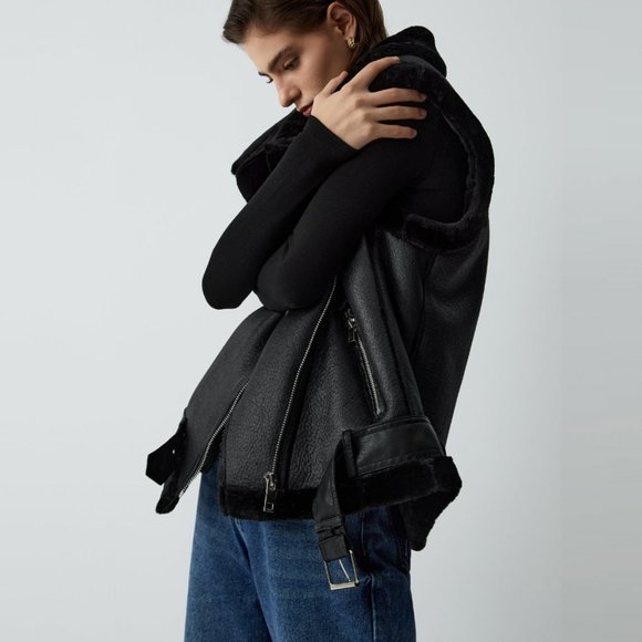 House Of Harlow 1960 Moto Faux Fur + Faux Leather Vest (Black) - Picture 3 of 16